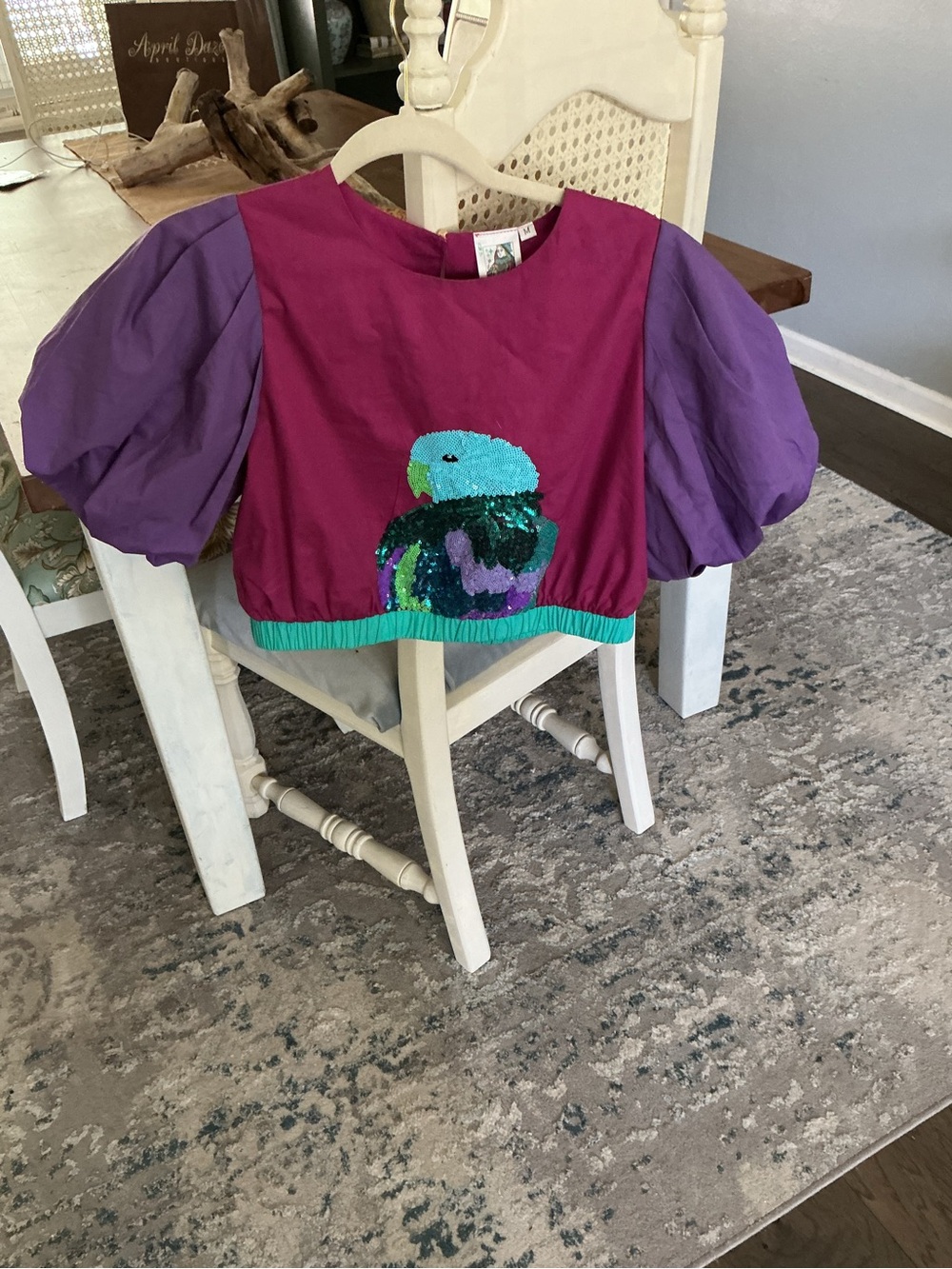 QUEEN OF SPARKLES Purple & Magenta Parrot Sequin Top